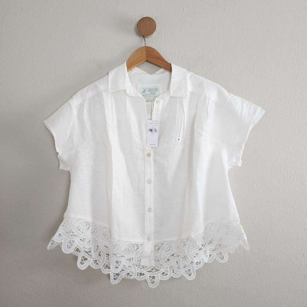 NWT American Eagle White Cotton Linen Lace Button Down Oversized Top Blouse XS